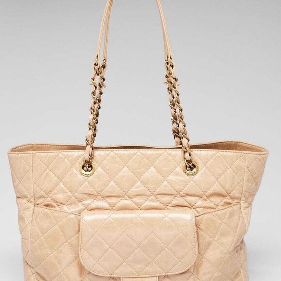 Chanel Beige Quilted Glazed Leather Front Pocket Large Tote Bag - Picture 1 of 10